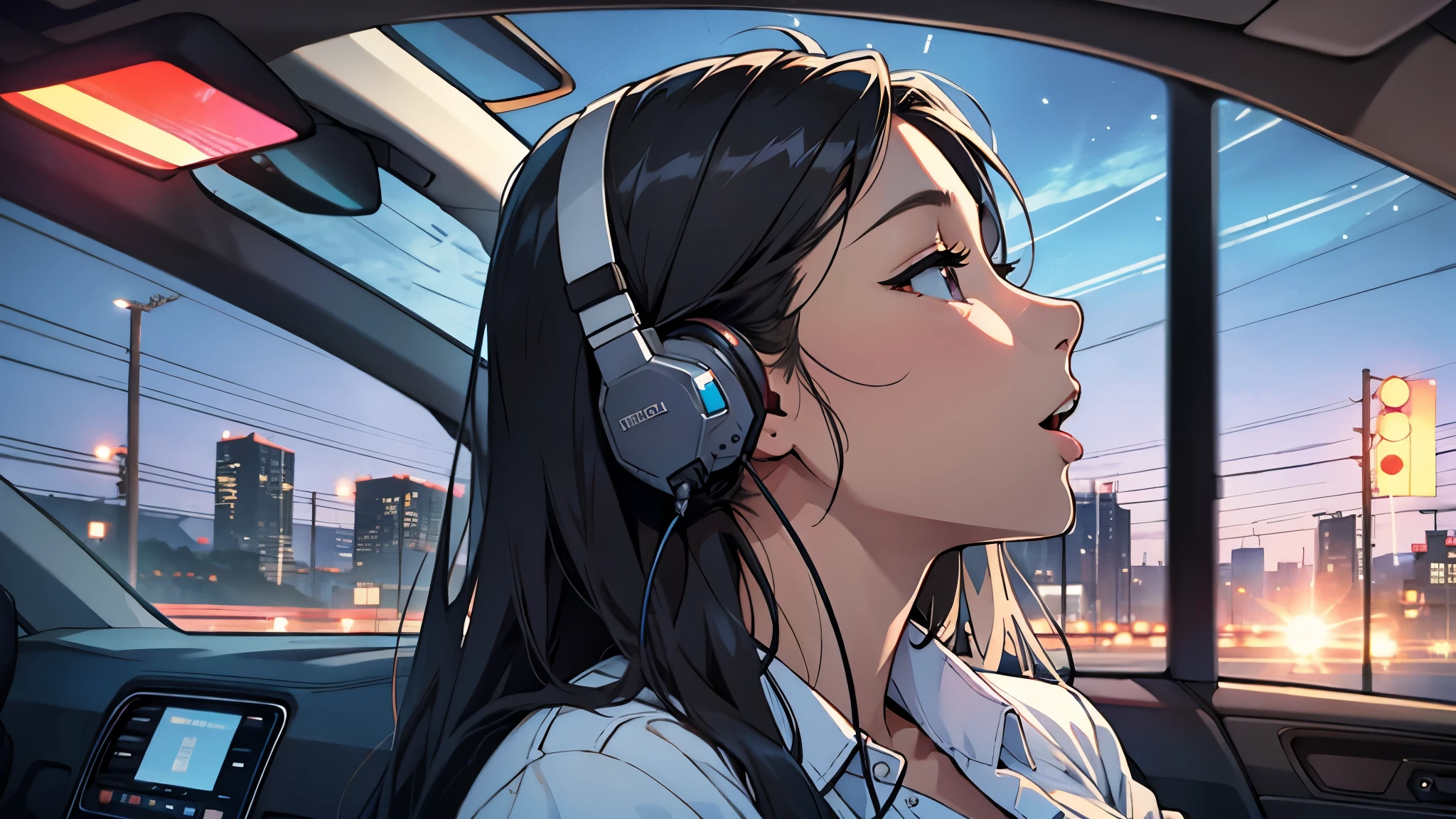 adult woman、 is cool、 quiet atmosphere 、 in the middle of the night、The sky is dark、 clear lines 、 long hair、 super high definition 、 nostalgic、I'm driving、Wearing earphones、 with my tongue out、