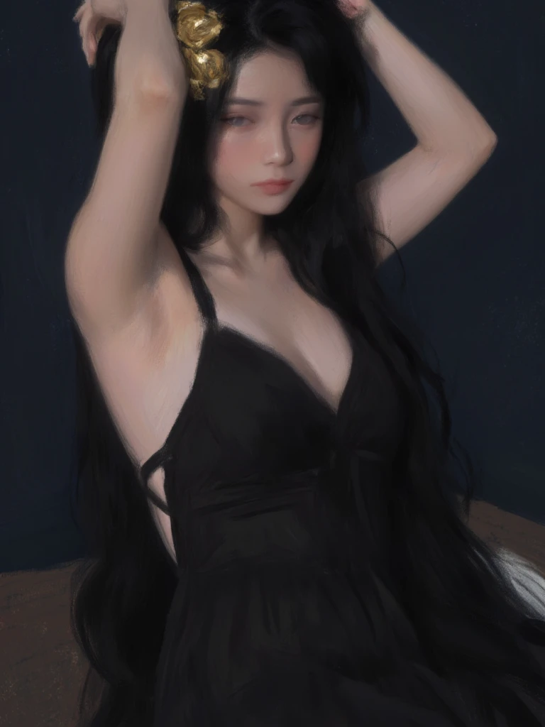 Image is a digital painting featuring a woman with long, flowing dark hair adorned with a gold rose accessory. She has fair skin and is depicted with a serene expression. The woman is wearing a black, strappy dress that accentuates her form. Her arms are raised above her head. The background is a dark, muted color, adding to the dramatic and elegant atmosphere of the artwork. The style is realistic with soft, painterly brushstrokes, emphasizing the play of light and shadow on her skin and clothing.