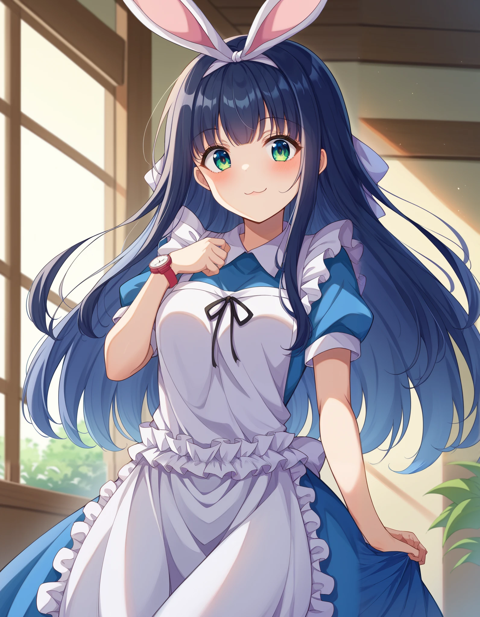  score_9、 score_8_ up、 score_7_ up、 Source_anime、

Alice mono novel 、Alice mono novel 、 animal ears 、 black hair band、 blond hair、Ba blue-eyed 、 long hair、very long hair、 blue hair、

 apron、blue dress、collared dress 、 dress、Frills dress、Frills、white apron、

smile、White bunny ears、 rabbit

Watch the viewers、 cowboy shot、 Dutch angle 、Alone、 long hair, 