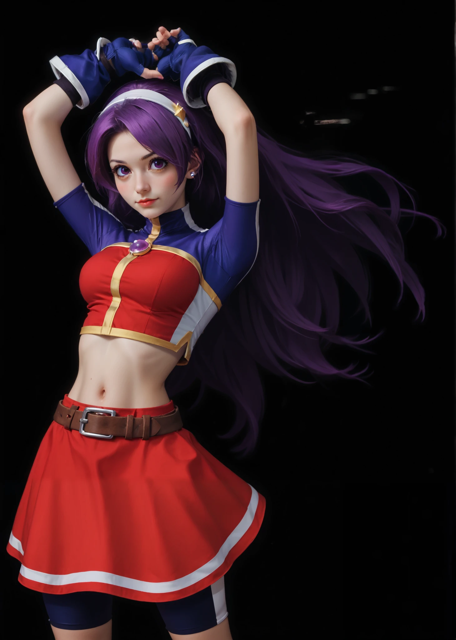 Masterpiece,best quality,ATHKOF2002, purple hair, long hair, purple eyes, white hairband, blue sleeves, pearl (gemstone), short sleeves, red top, belt, fingerless gloves, navel, red skirt, biker shorts, blush, big breasts,big eyes