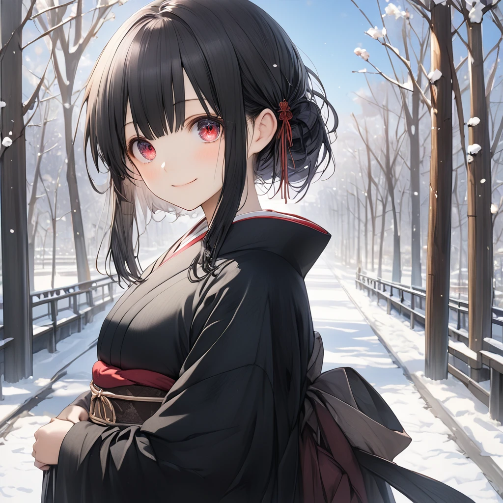 ( One girl ),yuzuki yukari,, black hair, black eyes,smile,blush、short hair, (long sidelocks:1.5), ( small tits:1.5),(Black kimono:1.5),stand、blue sky,Park Walkway、snow、front、( cowboy shot:1.5)、( perfect anatomy ),( best quality), ( ultra hi-res), (超 high definition ), ( Highly Detailed CG), (32K), (masterpiece)、eyesHD, heterochromia, red eyes, left eye red, green eyes, right eye green,