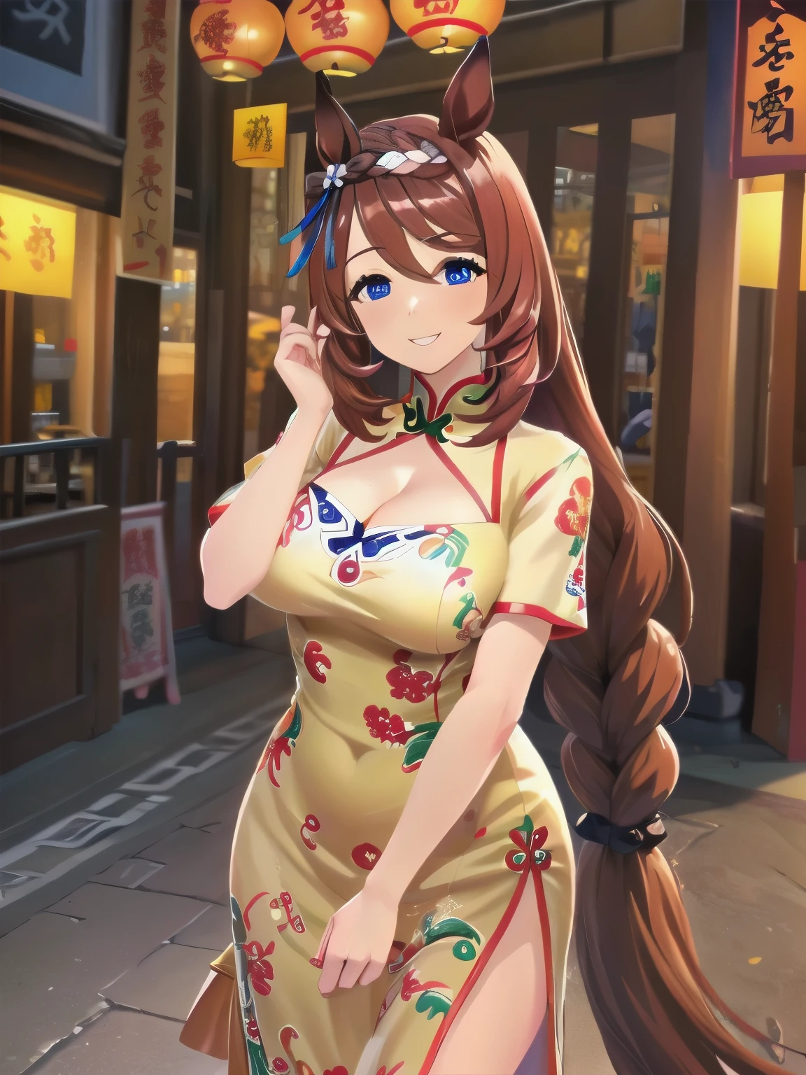 (( top quality , masterpiece,  High Definition )), One person, Super Creek\(Uma Musume\), smile,  standing,  cleavage,  horse tail, perfect hand,  Big Breasts ,  China Dress,  Chinatown, Short sleeve,  Open Chest ,  open-chest clothes carrying swords, The hem is long, One side slit