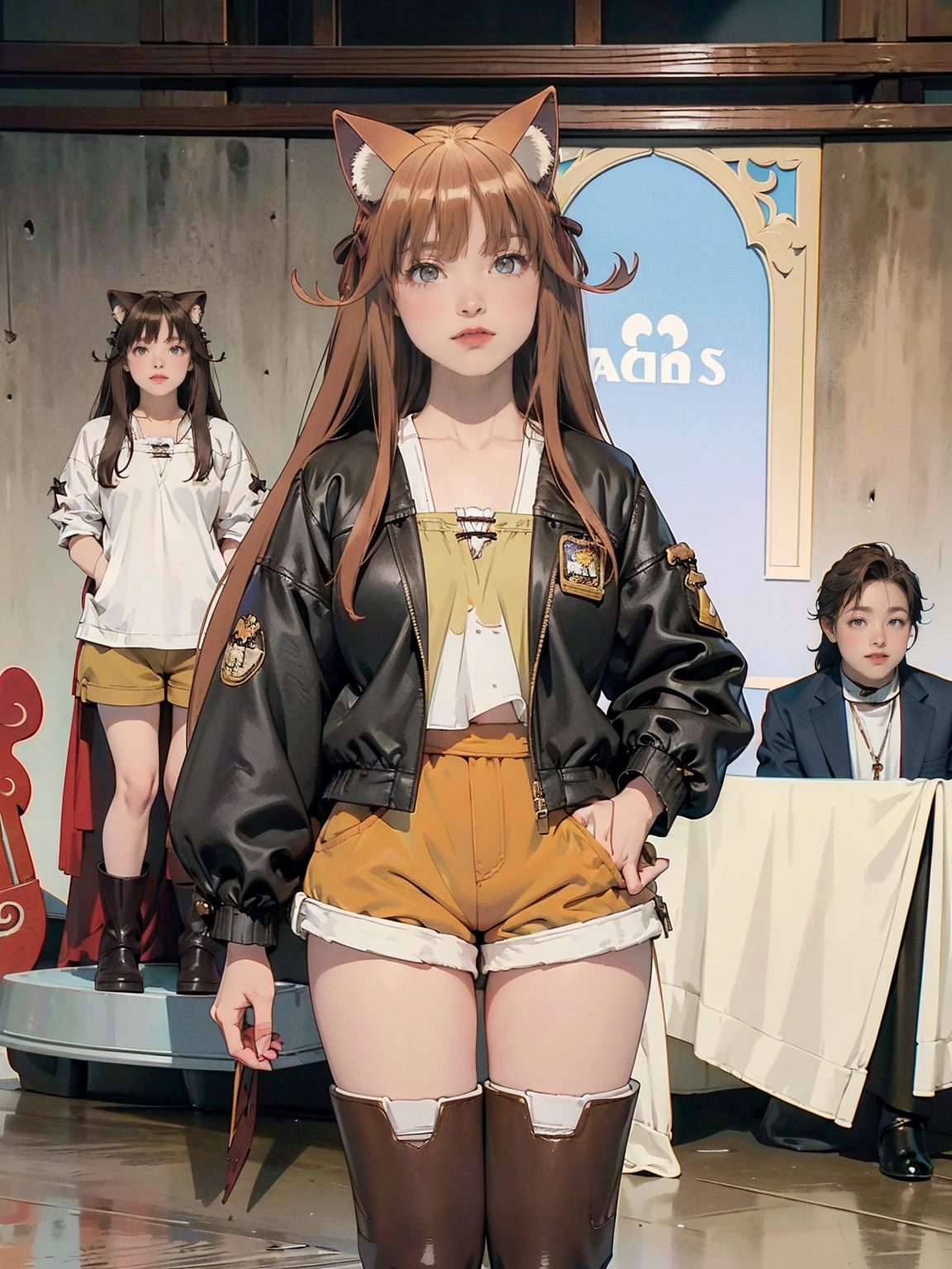  ANATOMICALLY CORRECT 、perfect hand、 perfect finger、Perfect Legs、1 beautiful beastman woman、 (( Black jacket、 brown shorts applying lipstick 、 Brown Long Boots 、animal ears ,  wolf ears)),  Big Breasts ,  smiles, Brown Hair,  medium hair,  Medieval European Castle Towns、Full body portrait、 wide angle shot, 立ち絵, 