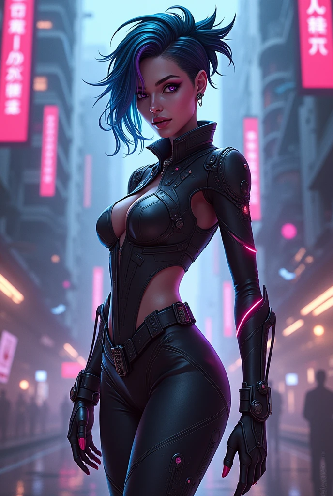 "An androgynous individual with metallic bronze skin, short electric blue hair, and large glowing purple eyes. Wearing a futuristic, tight-fitting black suit with neon accents, complete with high-tech gloves and anti-gravity boots. This character has bioluminescent tattoos glowing beneath their skin. They are standing atop a futuristic skyscraper against the backdrop of a bustling cyberpunk city filled with holograms. Futuristic flying vehicles soar through the sky filled with digital rain. This character stares intently at the camera, exuding an aura of power and determination. They hold a futuristic energy weapon in one hand and are hacking a console with the other."