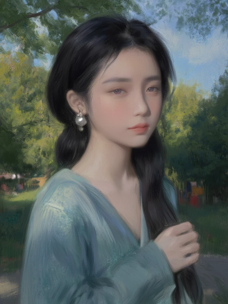 girl,whole body,in the park,An impressionistic painting style depicting the natural beauty of a chinese young girl, , semi-close-up