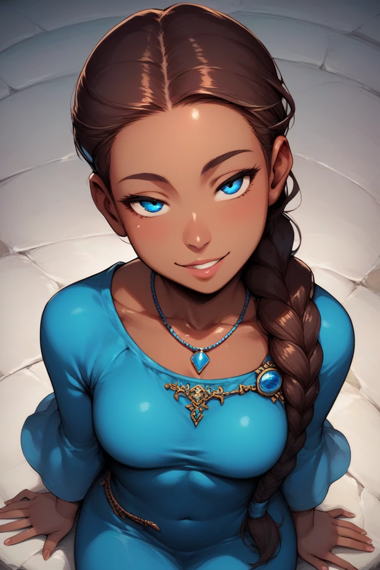 score_9, score_8_above, source_cartoon, Flat Color, 

1 , ,  brown hair ,  Blue Eyes,  dark skin, 
Braid, blue necklace, jewelry, 

Blue dress, 

 looking at the viewer,  seductive smile , narrowed eyes,  head tilt , 
Braided ponytail,  hair over the shoulder, 