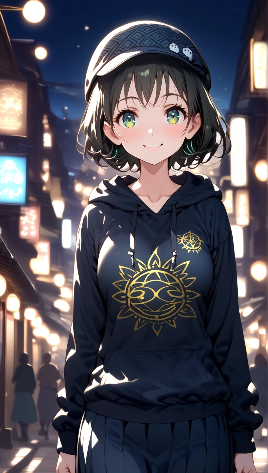 {{{masterpiece}}}, {{{ top quality }}}, {{ ULTRA DETAIL}}, { beautiful,  detail eyes},  One girl , Alone, (( black hair)),  bob cut, (( green eyes)), (wavy hair ), (pattsun maegami), Black headphones, ( cute black patterned hoodie), cute black patterned hat,( cute black long skirt), is a smiling face ,tooth,pattsun maegami,Midea, black hoodie , jade colored eyes, Night Town,
