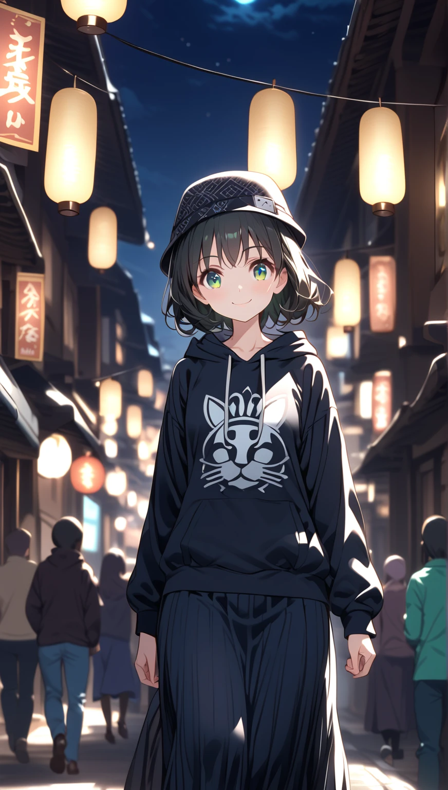 {{{masterpiece}}}, {{{ top quality }}}, {{ ULTRA DETAIL}}, { beautiful,  detail eyes},  One girl , Alone, (( black hair)),  bob cut, (( green eyes)), (wavy hair ), (pattsun maegami), Black headphones, ( cute black patterned hoodie), cute black patterned hat,( cute black long skirt), has a smiling face,tooth,pattsun maegami,Midea, black hoodie , jade colored eyes, Night Town,
