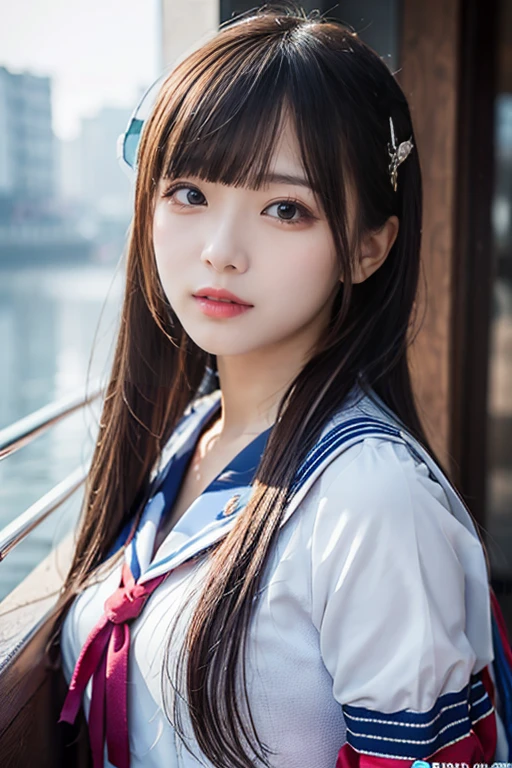  Japanese Women Like Idols  , long hair , straight hair , Round face , bust up ,  sailor suit  ,  as pictured  ,   top quality , 32K,  RAW photos , incredibly absurdres,  extremely detailed ,  Texture, 美しい女性の bust up, Colorful light particles exploding in the mist,  wonderfully mysterious