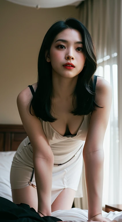 Dark brown hair、Light brown eyes、Japanese actress、 Lady、I am about 40 years old..、(Intricate details:1.2)、(Which one is on top??:1.4)、 (Ultra-high resolution:1.2)、Ultra-high resolution、(Finely tuned)、(Detailed facial features)、Hmph、8K resolution、D cup size breasts、Long Hair、Updostyle, Updo、Hair Bun、1 Girl, Deep sorrowの表情, (Very detailed美しい顔), (camisole:1.5), (Bare shoulders:1.3), (Highest quality:1.4), (Very detailed)、Beautiful fair skin with transparency, Are sleeping、Sleeping on the floor、Top view、 Spread your legs wide, Please open your mouth a little、Legs visible through one-piece dress、Deep sorrow、Pose of Weakness、Obscene pose、White floor、White wall、The morning sun shines in、Sleep on your side。