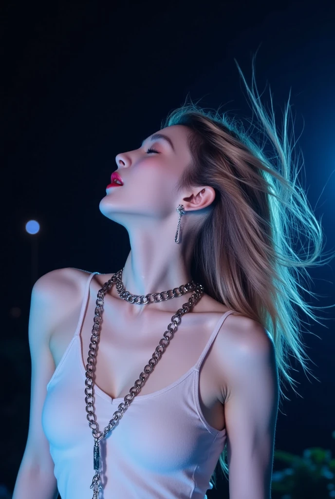 low angle side view portrays a woman with long, honey skin, sleek gold pink, blue and green hair spreads, styled in soft, natural waves that frame her face. She exudes a sultry yet elegant allure, wear loose tank top chain, chain wrap body, look up at the sky, windy, wear a big chain collar around the neck, and chain across the chest, chain looping behind the back, hair blowing away in the wind, no cloth, bare skin, body drenched, very small round breasts, singing on the studio, blue screen background, just very low dim light on her, mood climax expression face, relaxed pose. no cloth, no underwear, low nature light, very dark midnight, adding a subtle, feminine touch to the composition.
