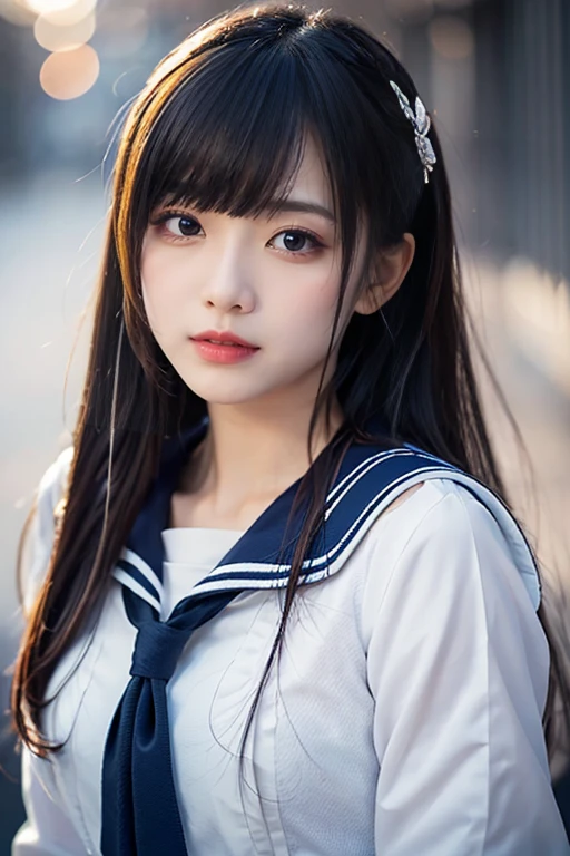  Japanese Women Like Idols  , long hair , straight hair , Round face , bust up ,  sailor suit  ,  as pictured  ,   top quality , 32K,  RAW photos , incredibly absurdres,  extremely detailed ,  Texture, 美しい女性の bust up, Colorful light particles exploding in the mist,  wonderfully mysterious