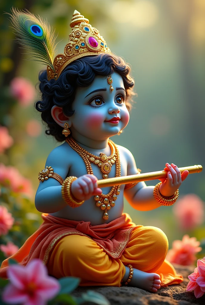 Cute little baby Krishna playing flute