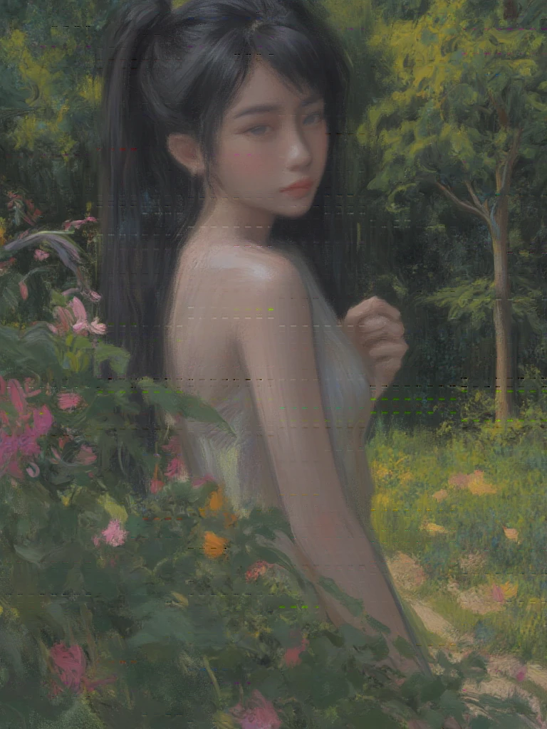 girl,whole body,in the park,An impressionistic painting style depicting the natural beauty of a chinese young girl, , semi-close-up