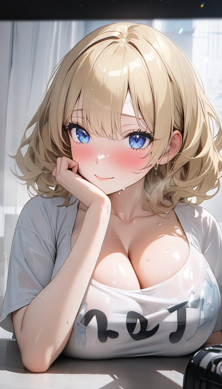 (((( super high res)))), (((最 High Quality )), ((masterpiece)), ( Details), 最 High Quality ,  High Quality , 超 Details,  perfect face, 4K, 8k, ((ultra quality)), ((1 woman, 20 years old, blue eyes, blond hair: 2.5, medium hair, glamorous, sitting, head rest), from front, breast focus, upper body, Full Finger,  shiny hair、 pubic skin, blush, embarrassed, light smile, Big Breasts,  Big Breasts ,  cleavage, milk printed Tshirt, sweat, 