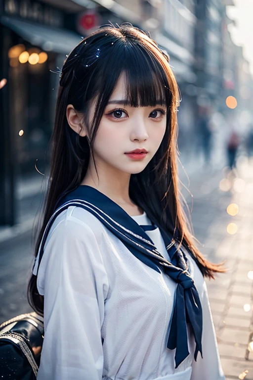  Japanese Women Like Idols  , long hair , straight hair , Round face , bust up ,  sailor suit  ,  as pictured  ,   top quality , 32K,  RAW photos , incredibly absurdres,  extremely detailed ,  Texture, 美しい女性の bust up, Colorful light particles exploding in the mist,  wonderfully mysterious