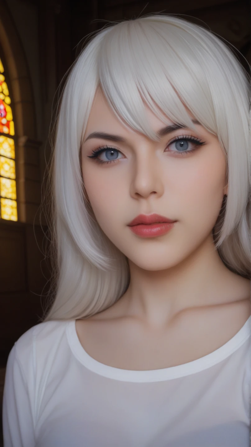 Nier:Beautiful cosplay of 2b from Automata、2b、A woman cosplaying as 2b、White skin、tall、Great style、Small face、Small nose、Sharp Eye、Beautiful Face、Beautiful face、30 years old、British women、Half British、Nier:2b&#39;s black costume from Automata、Light background、In the background of a fantasy White church、Stand cool and pose coolly、Shooting from a diagonal angle、masterpiece、highest quality、high resolution、Fantasy、Glaring at the camera、Cosplay Makeup、Real Cosplay Photo、Cool and beautiful photos、Portrait、handsome pose、Wrapped in a pale white glow、like、happiness、Kindness、Smoothly rendered