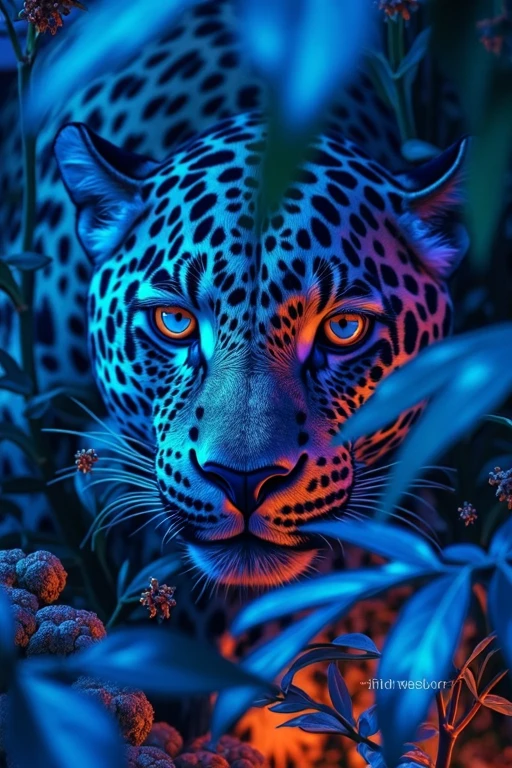 Create hiperrealistic image of woman dark long hair striking eyes smiling face dressed sapphire blue dress shimmering sapphire Create an image of a leopard with vibrant sapphire blue and orange hues, camouflaged among lush tropical foliage under a moonlit sky, highlighting the intense gaze and detailed fur texture.