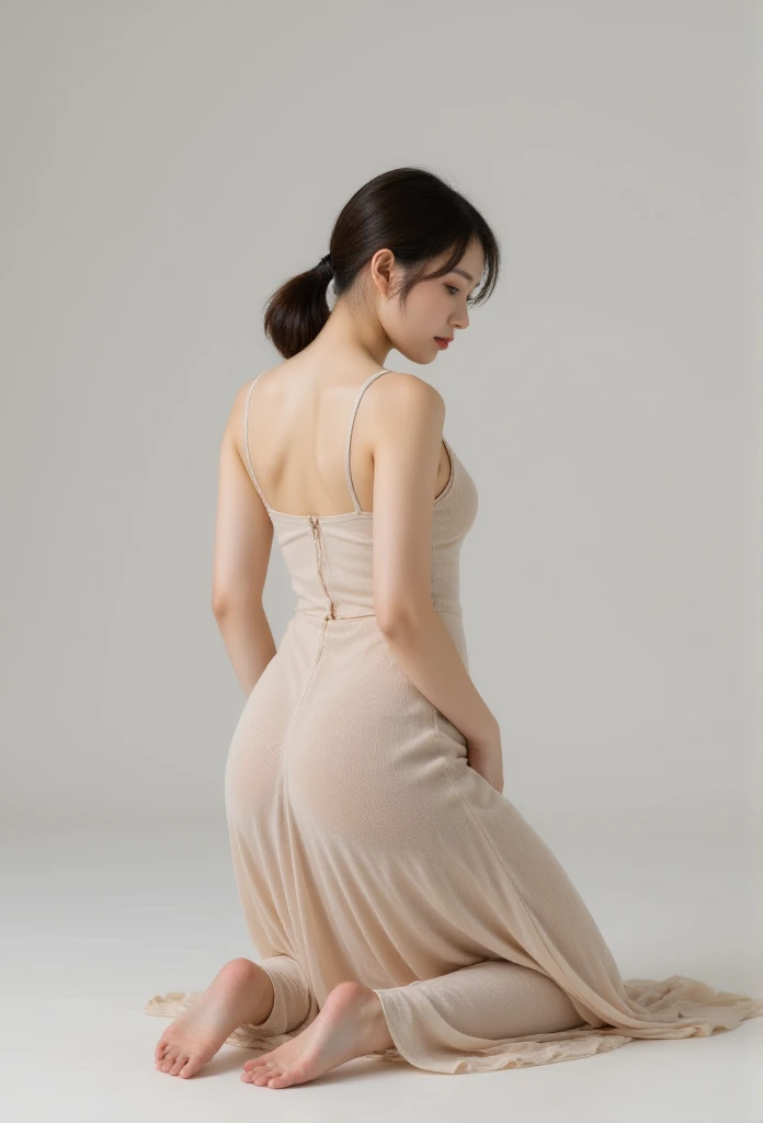 woman face down on her knees wearing a maxi knitted dress, rear view angle completely