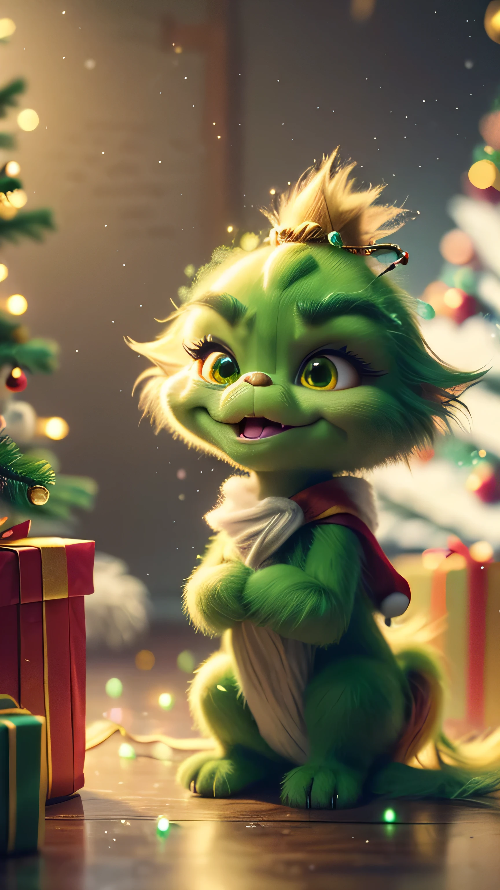 (Full Body), (Facing the Viewer) A handsome, charming Grinch. The entire scene is bathed in a soft, ethereal light, enhancing the magical and fantastical quality of the image. The Grinch should appear as a seamless part of the landscape, blending perfectly with the environment, yet maintaining distinct, realistic features that highlight his cuteness and charm. Hyperrealistic, Art Splashes, Concept Art, Medium Shot, Intricate Detail, Color Depth, Vibrant Colors, Dramatic, 2/3 Angle, Side Light, Colorful Background. Christmas Lights in the Background and a Christmas Tree. Christmas theme, blurred background, fantasy, Gouves style artwork, realism: 1.37, (super fine fantasy art), masterpiece, high quality design & accurate physics (super accurate fantasy style)) art, dark fantasy style)), super accurate design & accurate physics), color, depth of field, shadows, ray tracing, (accurate simulation of the interaction of light and materials)], intricate Christmas decorations, glowing garlands, sparkling decorations, natural light, soft background, photorealistic, sparkling eyes, sharp focus, glowing skin, cute and naughty look, hint of mischief, dreamy atmosphere, super glossy effect, fine details, soft ambient light, (Backlight: 1.3), (Cinematic: 1.2), intricate details, (ArtStation: 1.3)