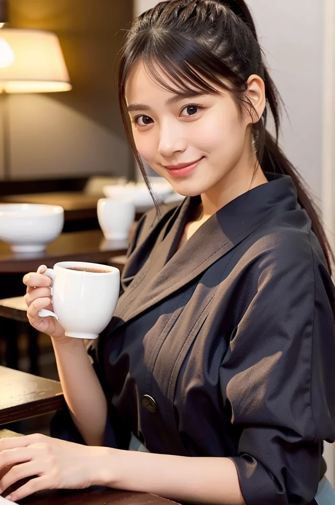 (masterpiece, best quality, perfect anatomy, highres, 8k, realistic, photorealistic, natural skin texture, no makeup:1.2), afternoon, 1girl, solo, Japanese, age20, female adorable university student, very cute, (large breasts:1.4), autumn vibes, sitting in a cozy café, (there is only a cup of coffee), (she is holding a cup of coffee near her face), (looking at viewer:1.5), shy smile, (ponytail:1.3), wearing a mini skirt, (warm café lighting:1.3), vertical composition, jp idol, inugao