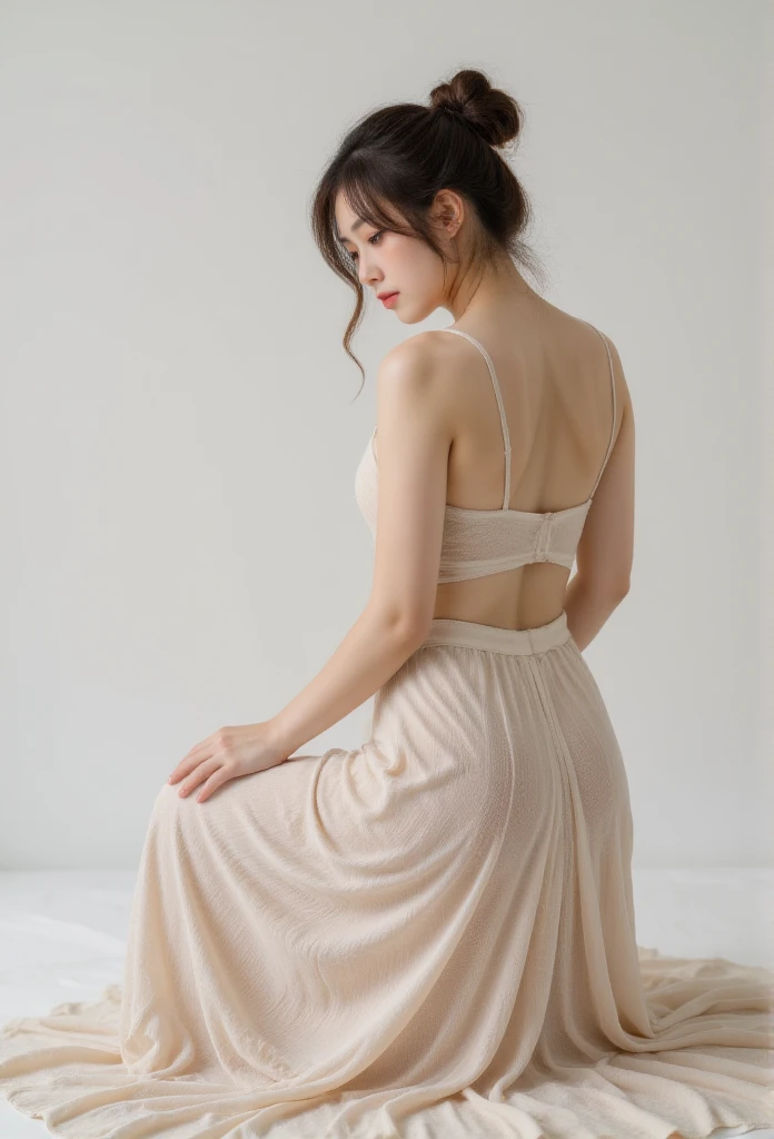  woman face down on her knees wearing a maxi knitted dress, rear view angle completely