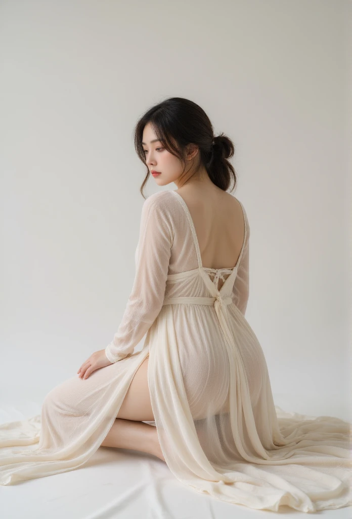  woman face down on her knees wearing a maxi knitted dress, rear view angle completely