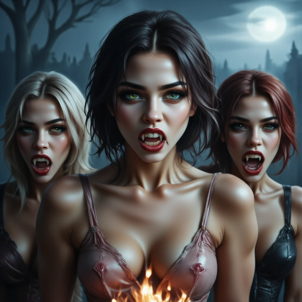  Photorealistic digital image of three beautiful and sexy vampire women, one with short blonde hair and light blue eyes ,  the second with short black hair and green eyes,  the third with short red hair and gray eyes .  All three have an athletic body , with tribal tattoos.  They wear transparent wedding dresses , they look ominous .  I'm in a bleak forest immersed in fog illuminated by the full moon. Light from the bottom of a fire burning in front of them .  perfect anatomy , Ultra realistic, full HD 4k, hdr, 