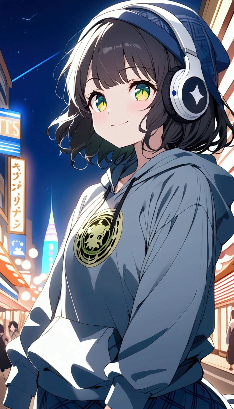 {{{masterpiece}}}, {{{ top quality }}}, {{ ULTRA DETAIL}}, { beautiful,  detail eyes},  One girl , Alone, (( black hair)),  bob cut, (( green eyes)), (wavy hair ), (pattsun maegami), Black headphones, ( cute black patterned hoodie), cute black patterned hat,( cute black long skirt), has a smiling face,tooth,pattsun maegami,Midea, black hoodie , jade colored eyes,night background
