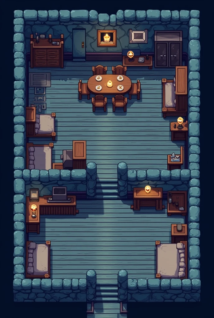 Here’s the translation:

"A pixelated top-down RPG map of a small medieval mansion. The mansion has a few rooms, including a dining hall, a compact kitchen, and 5 bedrooms, with one bedroom more luxurious and a closet on the second floor. The design is in retro pixel-art style with a blue-tinted color scheme, giving a cold feeling. The stone walls and wooden floors are clearly defined, and there are minimalistic details such as simple furniture, small windows, and candles. It has a chic yet simple layout with all details made of wood."