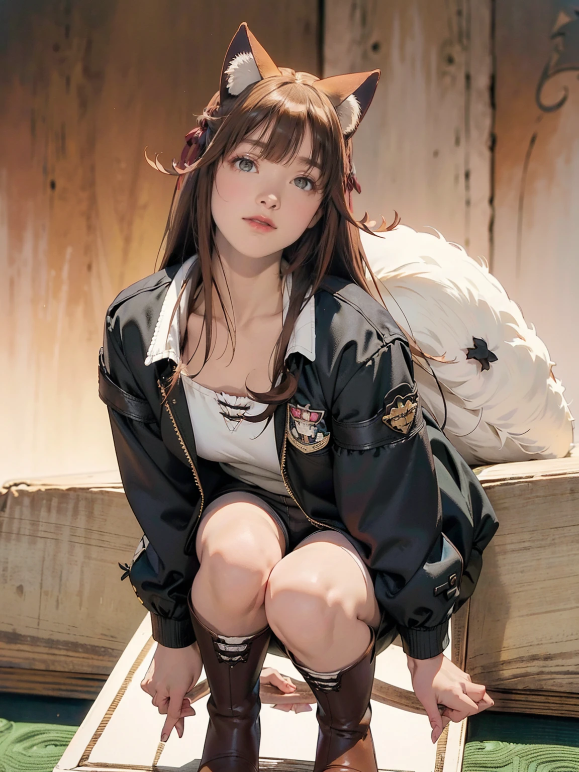  ANATOMICALLY CORRECT 、perfect hand、 perfect finger、Perfect Legs、1 beautiful beastman woman、 (( Black jacket、 brown shorts applying lipstick 、 Brown Long Boots 、animal ears ,  wolf ears)),  Big Breasts ,  smiles, Brown Hair,  medium hair,  Medieval European Castle Towns、Full body portrait、 wide angle shot, 立ち絵, 