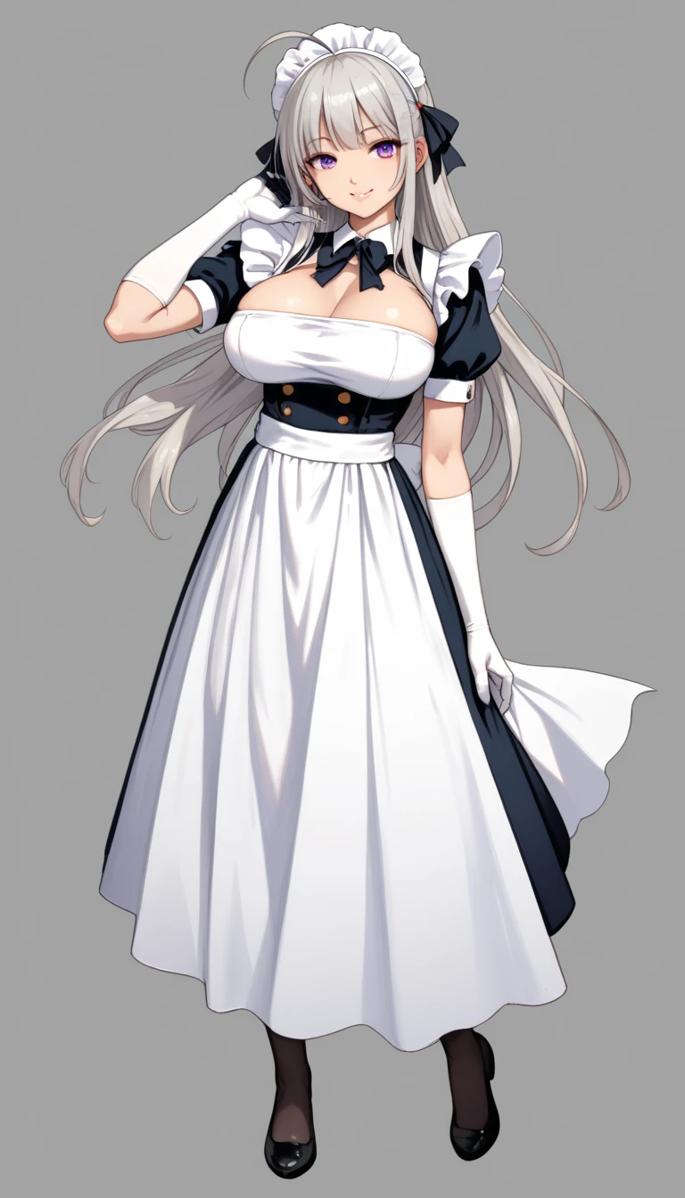 (masterpiece, top quality, best quality, official art, beautiful and aesthetic:1.2),(8k, best quality, masterpiece:1.2), (((masterpiece))),(((best quality))),(((extremely detailed))),illustration, who, (masterpiece, top quality, best quality, official art, beautiful and aesthetic:1.2),(8k, best quality, masterpiece:1.2), masterpiece, best quality, illustration, highres, ultra-detailed, 1girl, acheron \(honkai: star rail\), 1girl, breasts, solo, pantyhose, cleavage, long hair, maid, hair over one eye, full body, flower, maid headdress, apron, high heels, dress, hair ornament, large breasts, white pantyhose, red eyes, black footwear, frills, lifted by self, short sleeves, hair flower, white background, clothes lift, alternate costume, simple background, black dress, puffy sleeves, looking at viewer, white hair, blush, closed mouth, dress lift, white apron, red flower, thigh strap, maid apron, standing, puffy short sleeves, enmaided, grey hair, very long hair, frilled apron, frilled dress, red ribbon, bow
