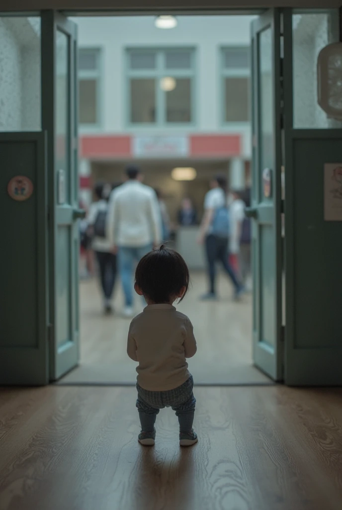 Asian, toddler (boy), very short hair, black hair, straight hair, sad face, slim, black eyes, elementary school entrance ceremony