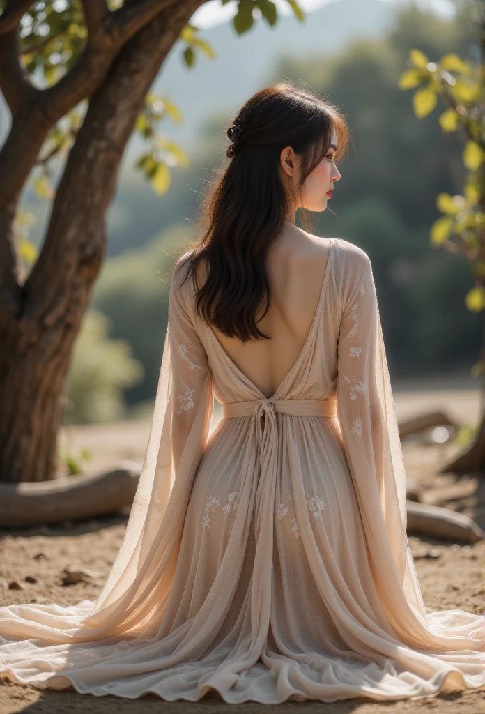 woman prone on her knees in a maxi knit dress, rear view angle fully