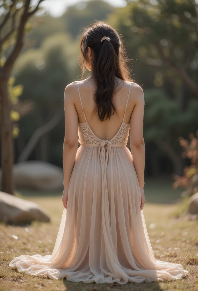 woman prone on her knees in a maxi knit dress, rear view angle fully