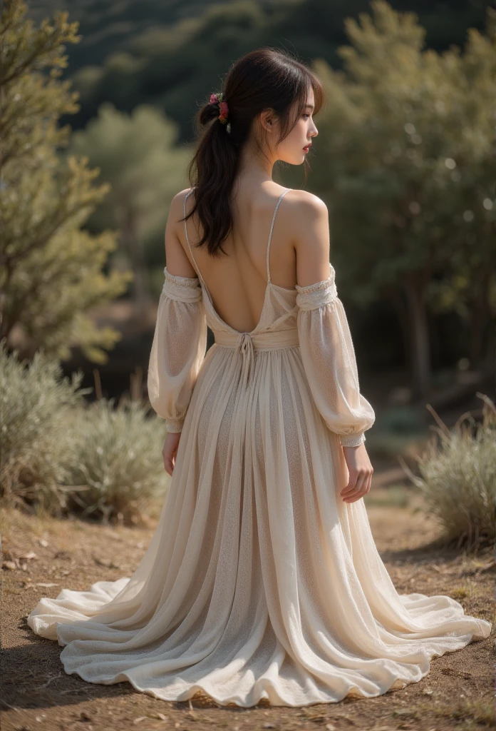 woman prone on her knees in a maxi knit dress, rear view angle fully