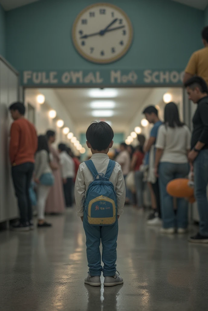 Asian, toddler (boy), very short hair, black hair, straight hair, sad face, slim, black eyes, elementary school entrance ceremony