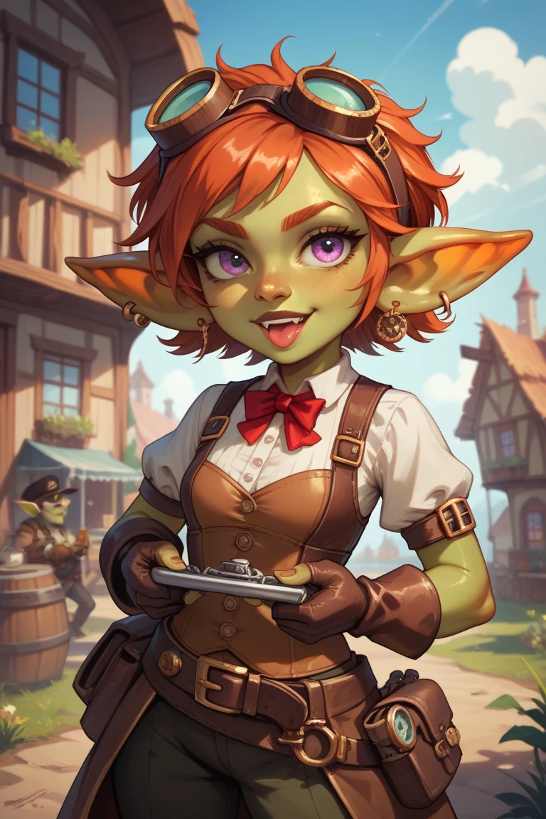 steampunk green skin female goblin wearing goggles tinkering with a gadget