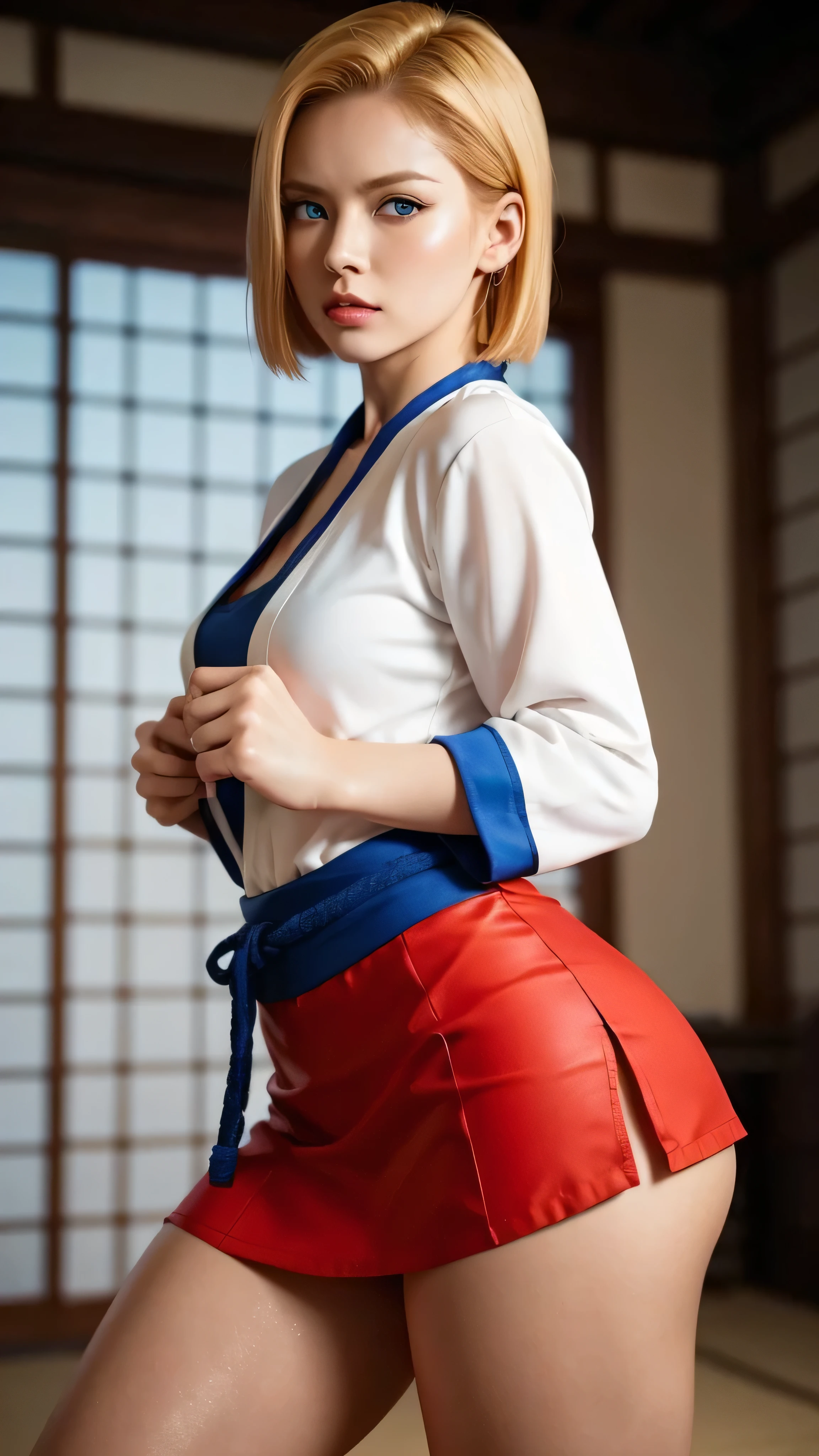 Android 18, redhead,  A woman  ,  short blonde hair and bangs,  expressive blue eyes , mini skirt,  a red Chinese martial arts blouse , pecho pequeño,  Not suitable for work ,   big ass,  thick thighs ,  wide hips, Desde atrás