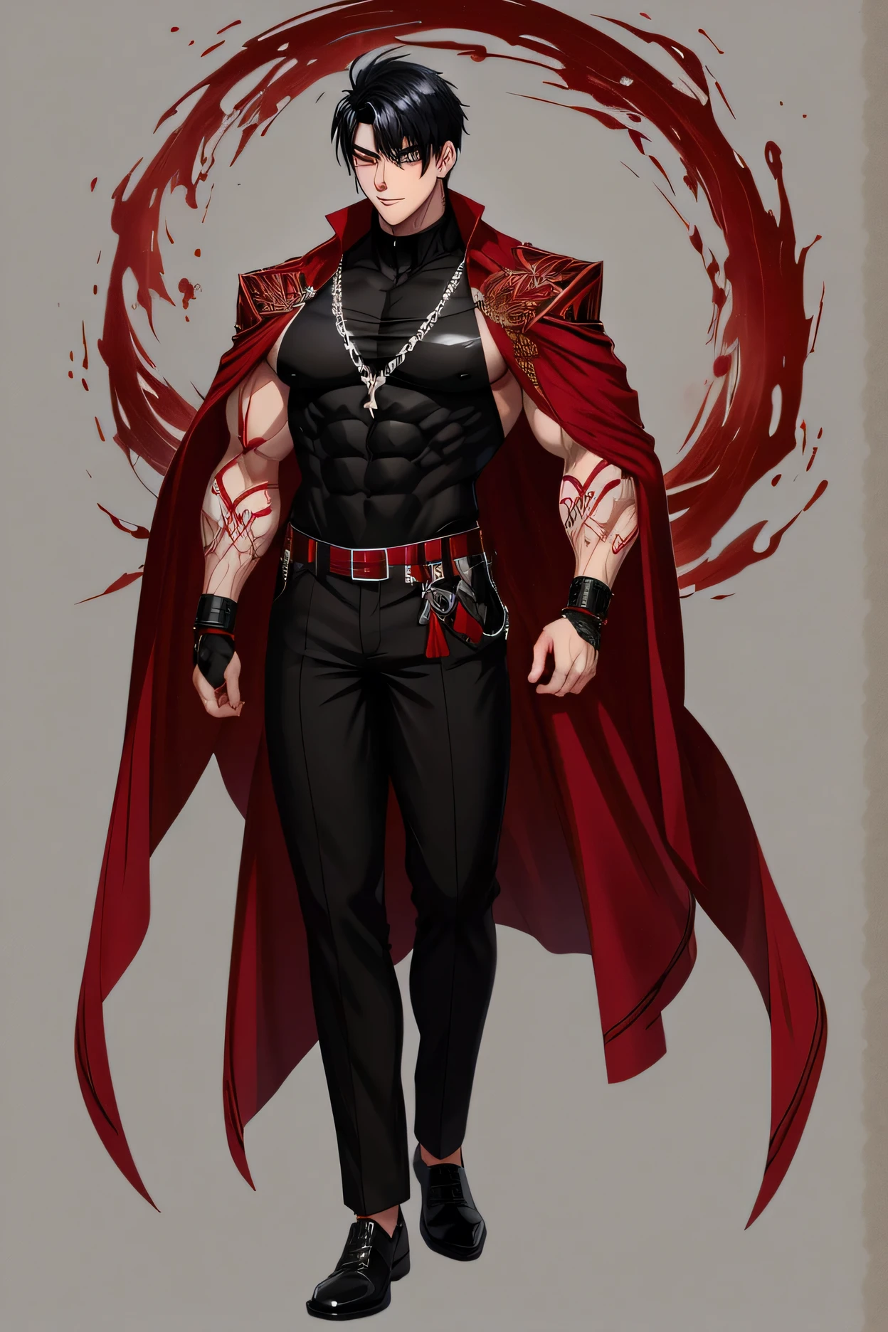 (masterpiece), best quality, seductive eyes, perfect face, handsome man, red eyes, short messy black hair, long nose, body tattoos, topless, long black pants, black sneakers, full body, extremely tall man, long legs, long calves, anime cover, 1boy, ear piercings, adult-like look, standing, bad boy
