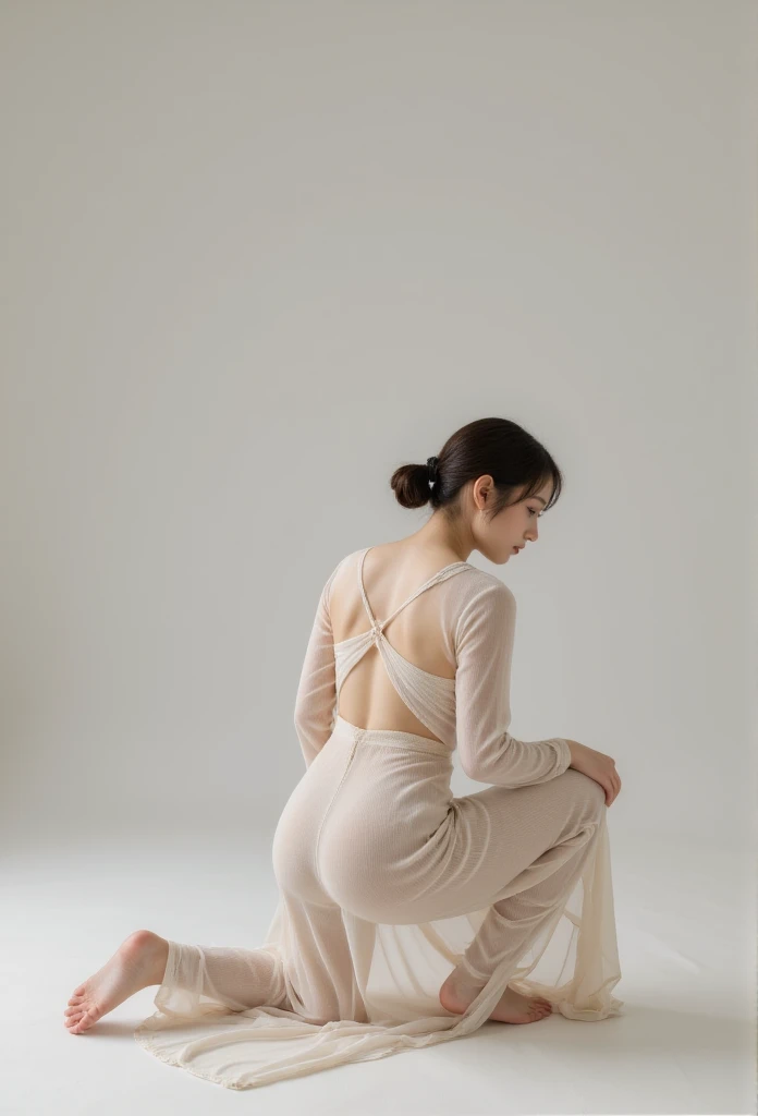 woman face down on her knees wearing a maxi knitted dress, rear view angle completely