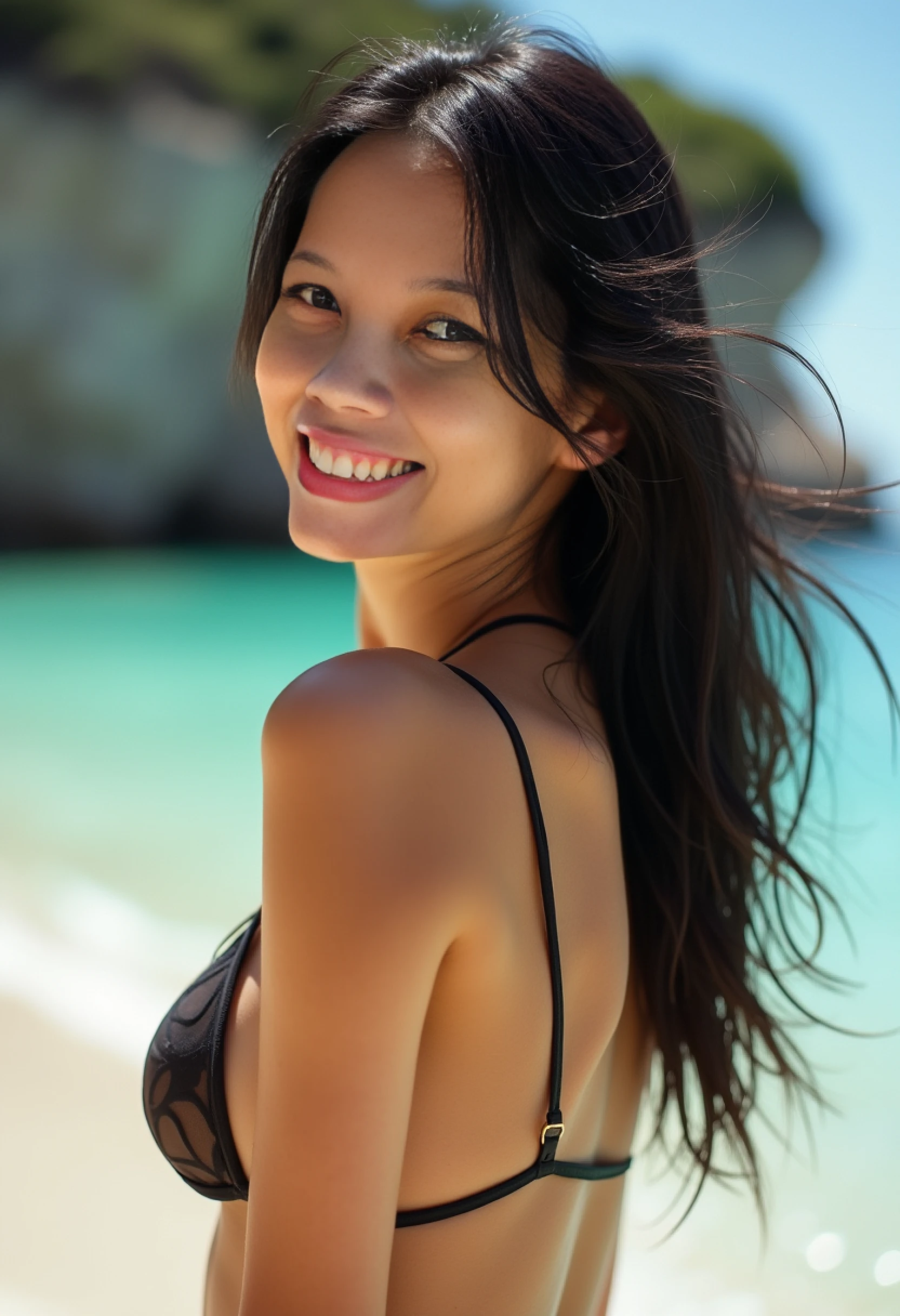 arafed woman with long black hair with deep blue highlights on the beach, flowing black hair, with black hair, photo of a beautiful woman, long flowing black hair, black golden hair, curly black hair, beautiful young asian woman, beautiful asian woman, wild ginger hair, black wispy hair, light black hair, a young asian woman, an asian woman, infp young woman, Portrait photo of a 24-year-old french girl in RAW UHD format (Brown-eyed woman), Details (textures! , Hair! , glistering, Color!! , imperfections: 1.1), DSLR Lighting, SLR camera, Ultra-Quality, sharpness, Film grain (Downtown), Fujifilm XT3, Crystal clear, Frame Center, beatiful face, ((sharp-focus)), bokeh (lit), day time, (open sky), detailed skin pores, oilly skin, suntan, Complex eye details, beautiful face, (((smiling))), egyptian style ((egyptian style golden bikini)), nsfw, ((hands hidden in the hair behind the neck like a cat)), , (((ultra sharp image))),