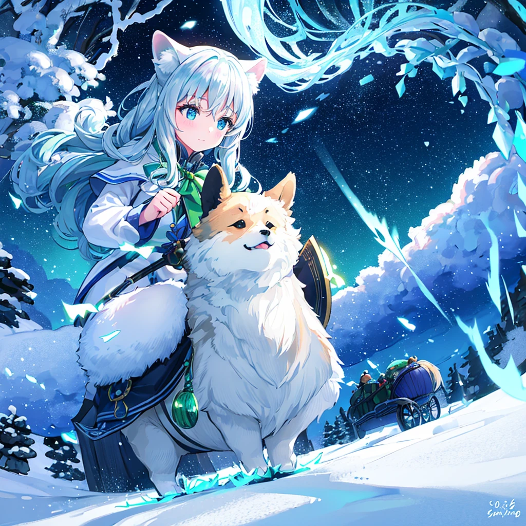 In a magical winter scene, a corgi with its outline traced in shimmering blue and green neon lines pulls a sleigh gently through a snowy landscape. Riding in the sleigh is a silver-haired angel girl, her hair catching the soft glow of the neon colors. Snow drifts quietly around them, illuminated by the subtle radiance