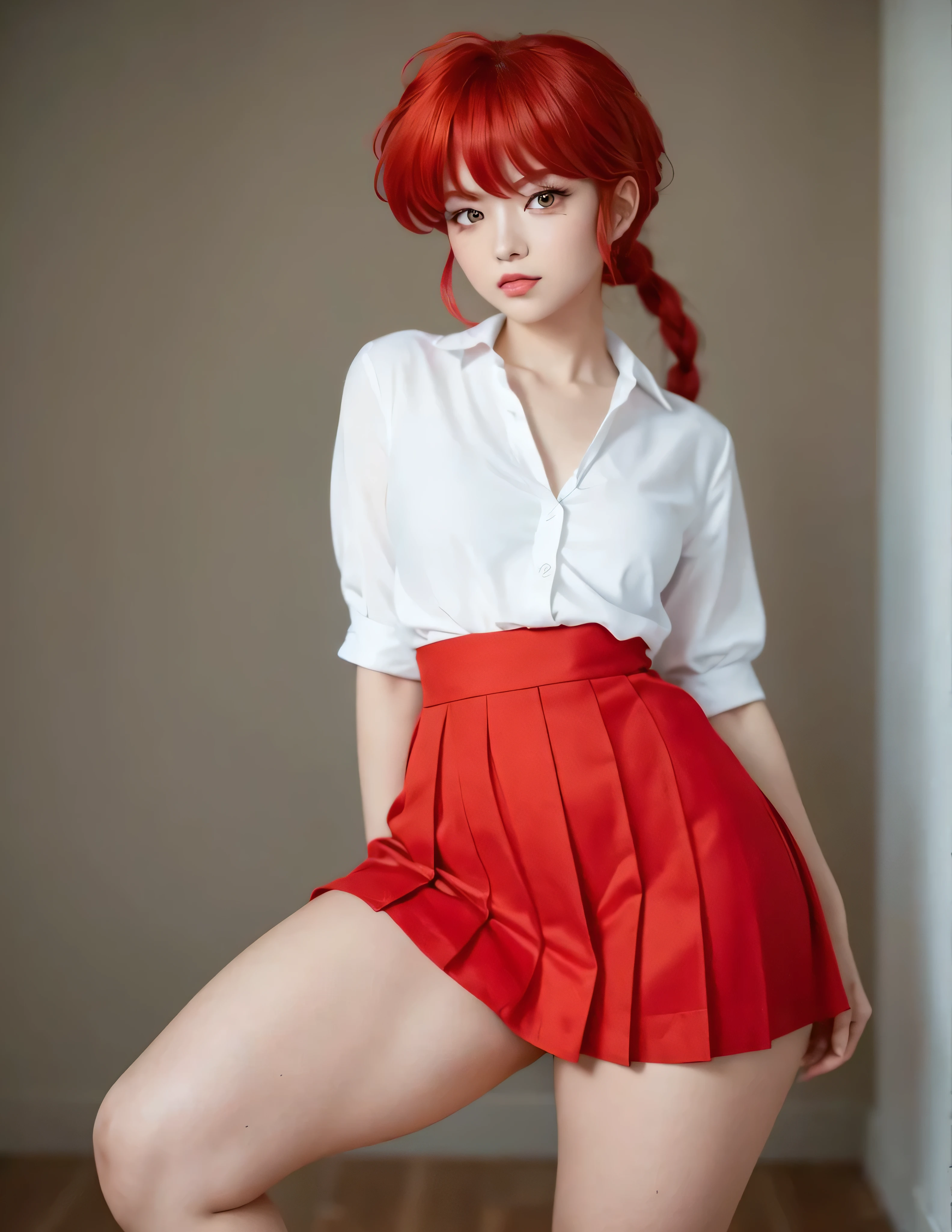 ranma chan, redhead,  A woman  , long straight red hair,  bright and expressive red eyes, she opted for school uniform , a white blouse,  small breasts,  Not suitable for work,   big ass,  thick thighs ,  wide hips , Desde atrás, Chinese doyo ,