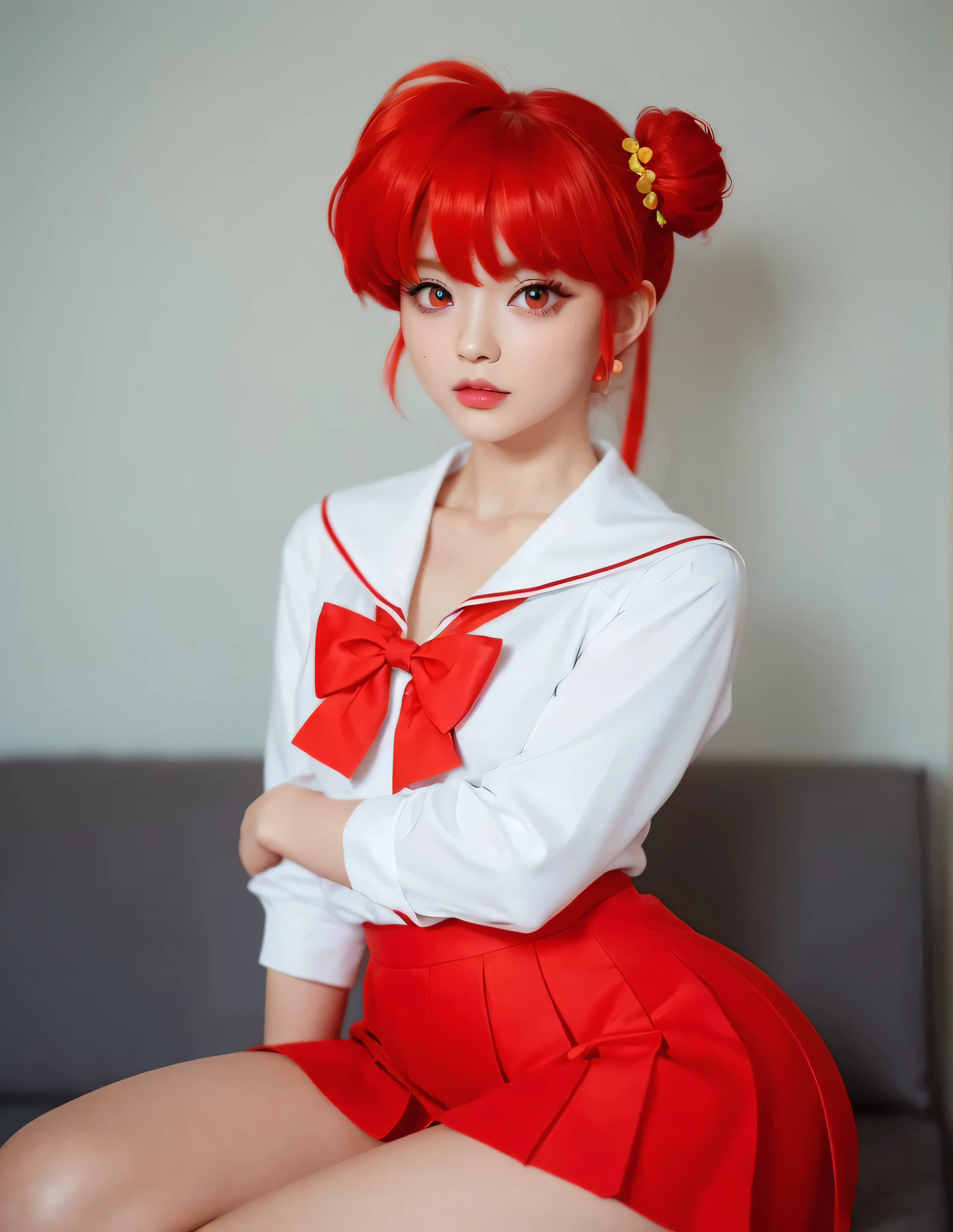 ranma chan, redhead,  A woman  , long straight red hair,  bright and expressive red eyes, she opted for school uniform , a white blouse,  small breasts,  Not suitable for work,   big ass,  thick thighs ,  wide hips , Desde atrás, Chinese doyo ,