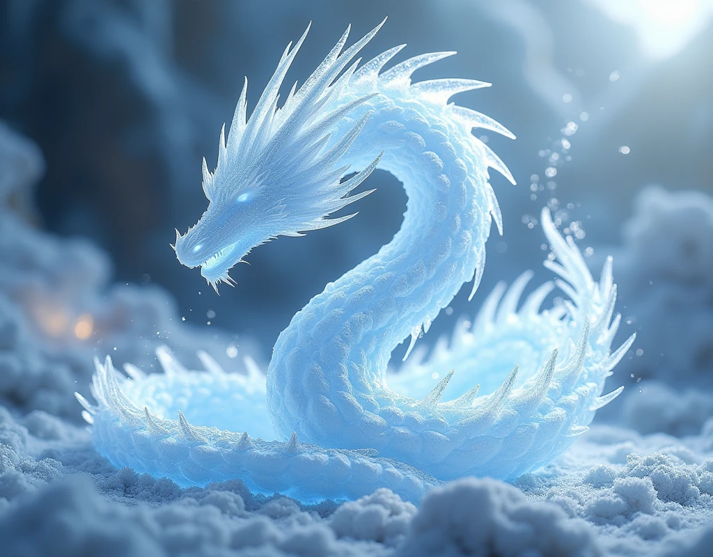 white dragon head silhouette with blue spitting ice frost flames 