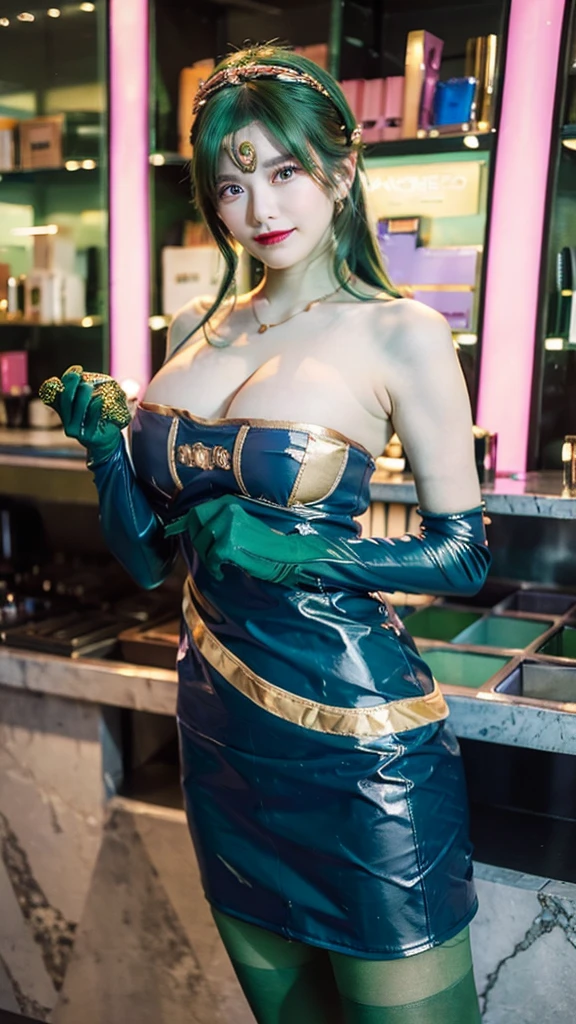 (masterpiece, top quality ,Ultra delicate,  perfect face,16k,   high res ,   very beautiful women,raw photo,cute), Heavy makeup:1.3,  deep green hair  ,  Blue Latex Bodycon Dress ,   Long Blue Latex Gloves  , Light Green Tights ,  Big Breasts , Tall Cylindrical Gold Headpiece ,   blue-white skin, Red gem on forehead, ((Cosmetics counter  )),   necklace,  smile ,  cowboy shot