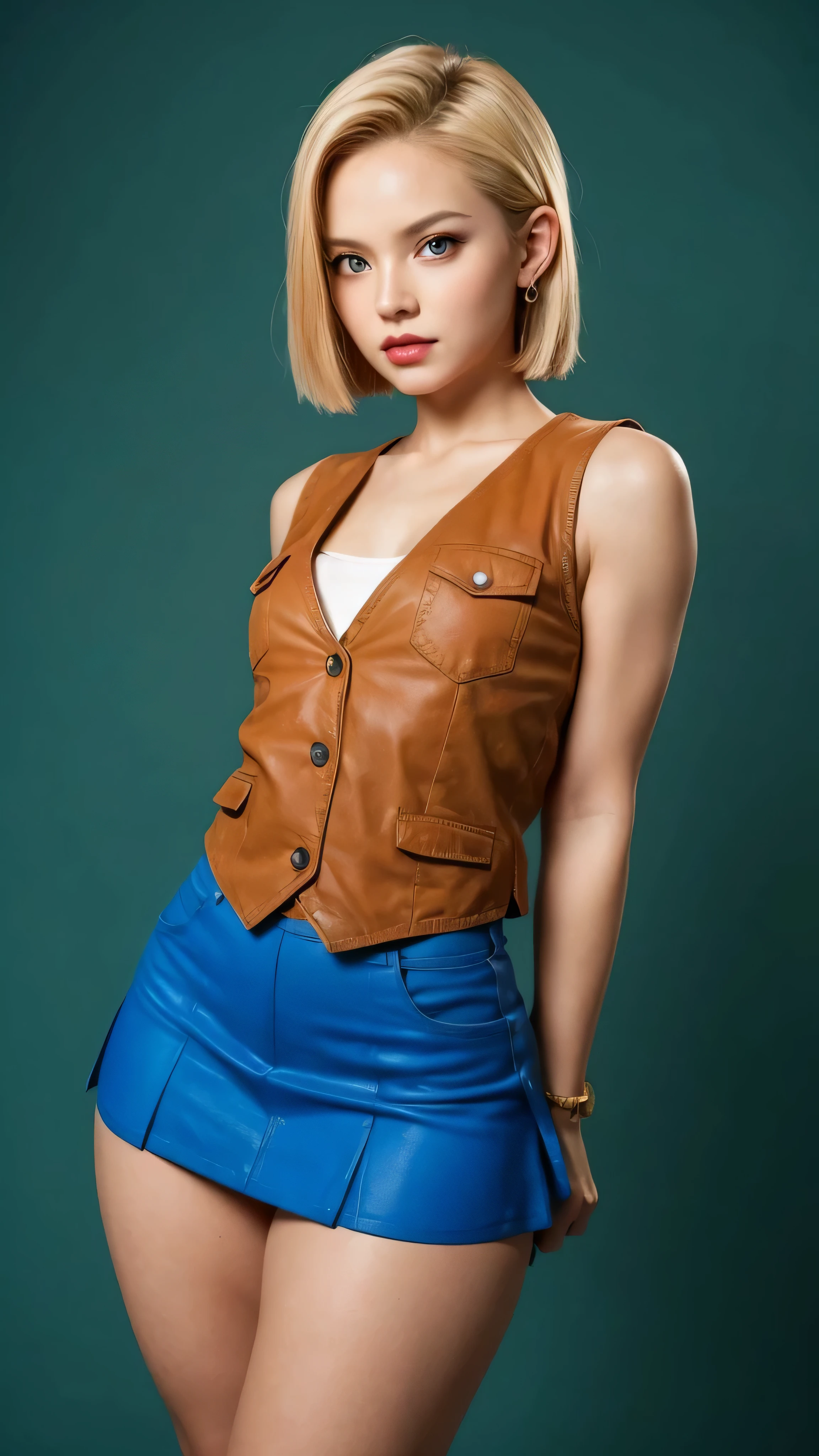 Android 18, a girl, mini skirt, a brown sleeveless vest,  small breasts,  Not suitable for work,  big ass,  thick thighs ,  wide hips , Desde atrás