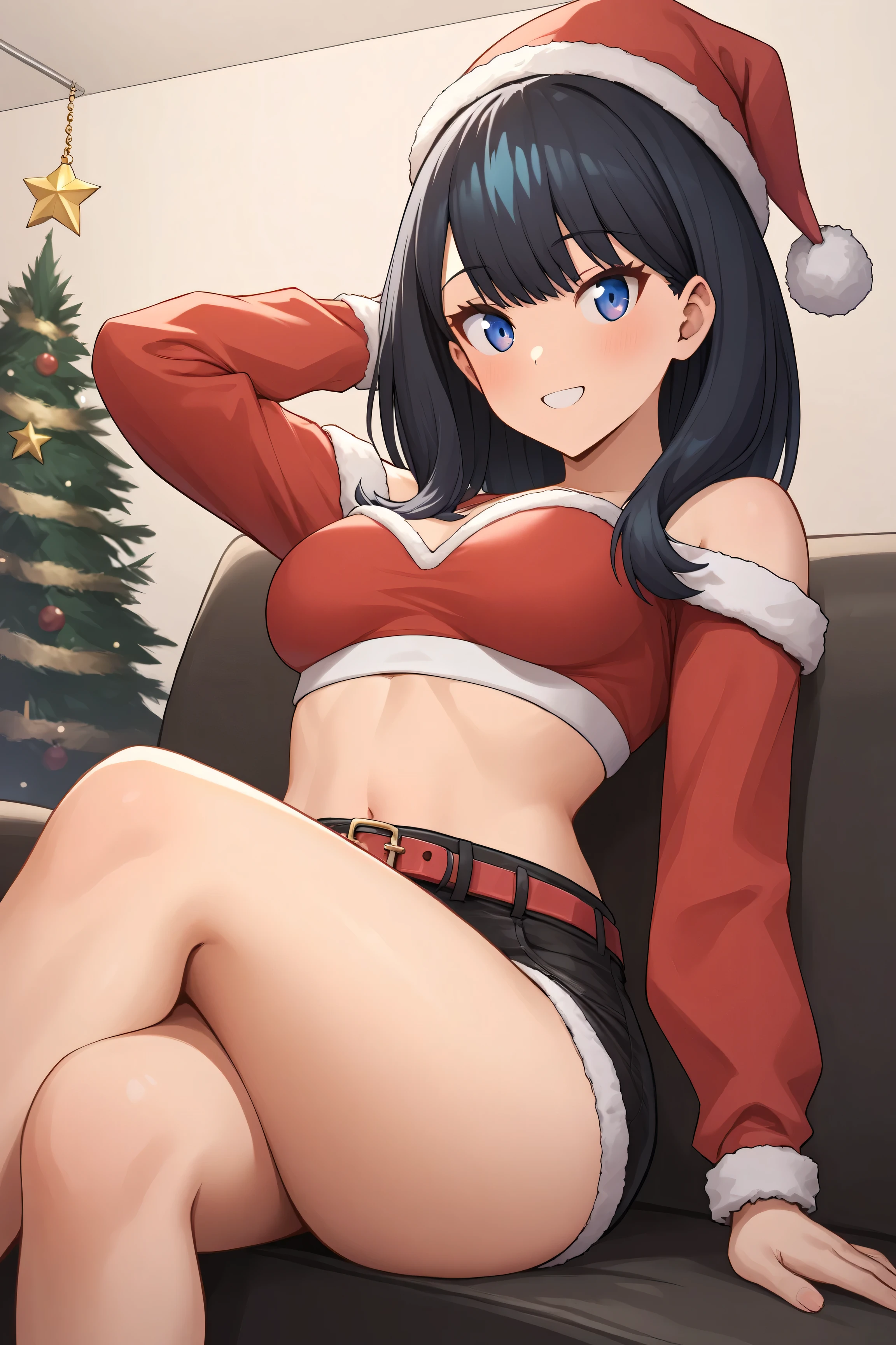 score_9,score_8_up,score_7_up, looking_at_viewer, light smile, crossed legs, sitting, takarada_rikka, 1girl, solo, simple red christmas costume, santa hat, Off-Shoulder, midriff-baring outfit, Booty shorts, living room, christmas, thighs, low angle, 