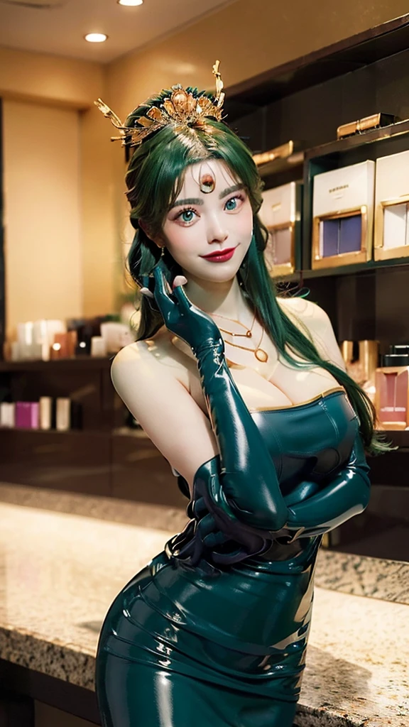 (masterpiece, top quality ,Ultra delicate,  perfect face,16k,   High Definition  ,   very beautiful women,raw photo,cute), Heavy makeup:1.3,  deep green hair  ,  Blue Latex Bodycon Dress ,   Long Blue Latex Gloves  , Light Green Tights ,  Big Breasts , Tall Cylindrical Gold Headpiece ,   blue-white skin, Red gem on forehead, ((Cosmetics counter  )),   necklace,  smile ,  cowboy shot